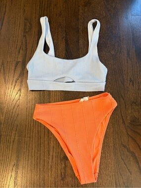 Aerie Textured Colorblock Bikini Set Blue & Neon Coral High Cut Cheeky Swim SZ S